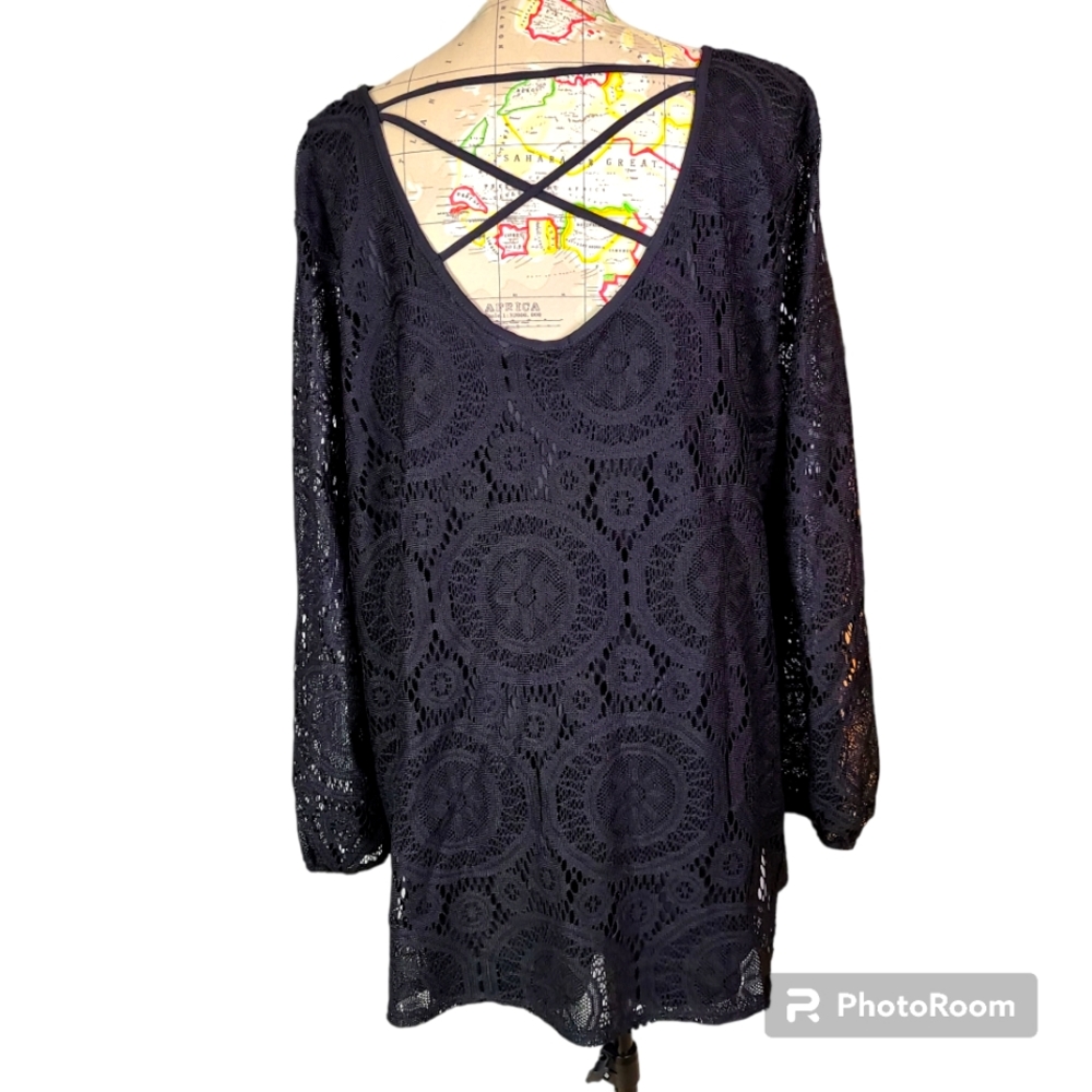 ING Size 3X Black Circular Lace Bubble Sleeve Blouse with Criss-Cross Back Boho
